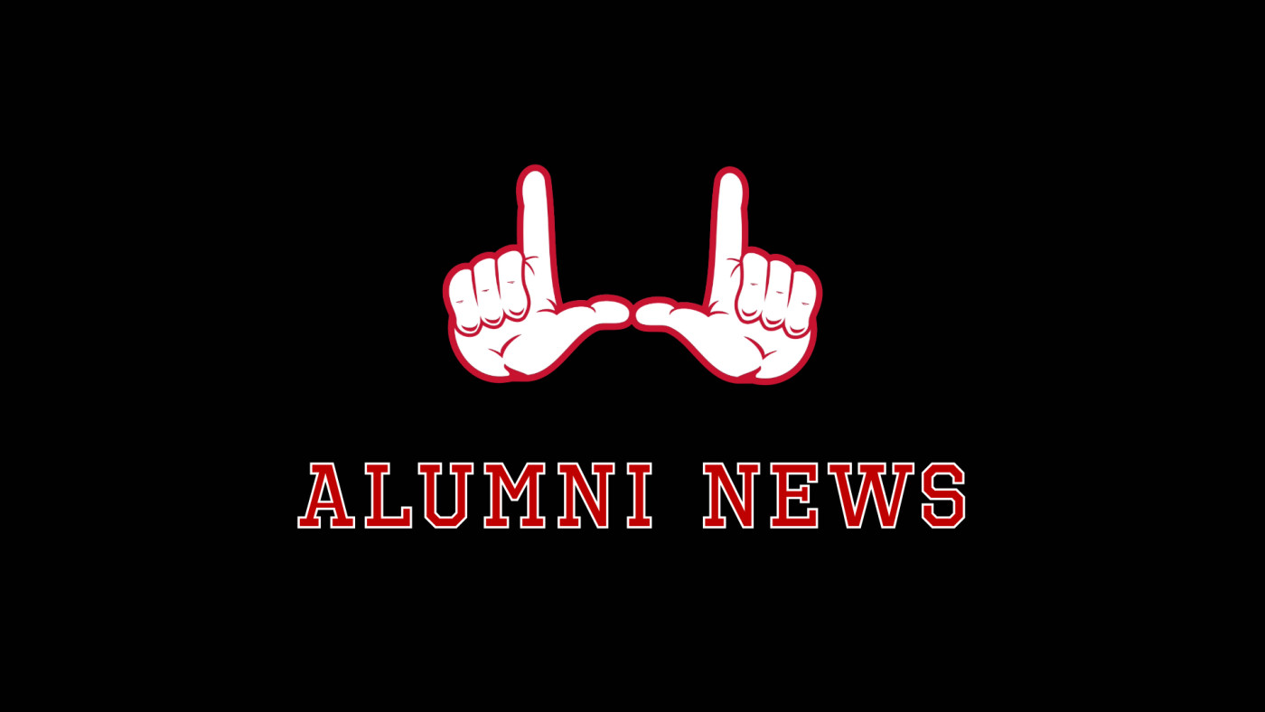 The words "Alumni News" in red against black background with a clipart of hands throwing up the U