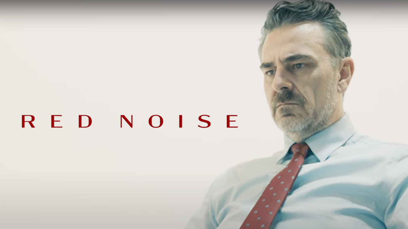 Movie title in red, "Red Noise," with a contemplative movie still of Robert Scott Smith.