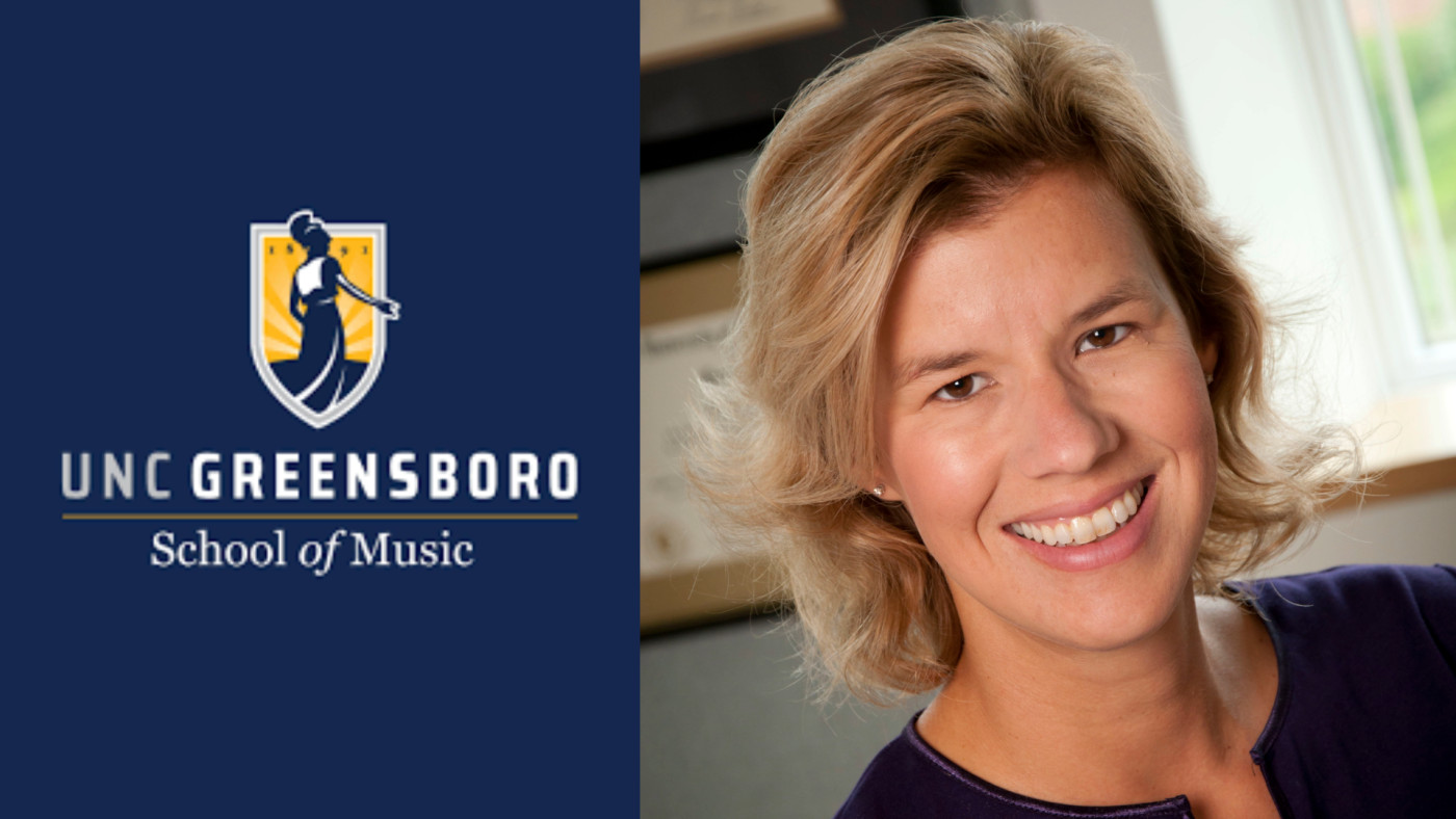 Navy logo with white text, "UNC Greensboro School of Music." To the right is a photo of Kim Councill.