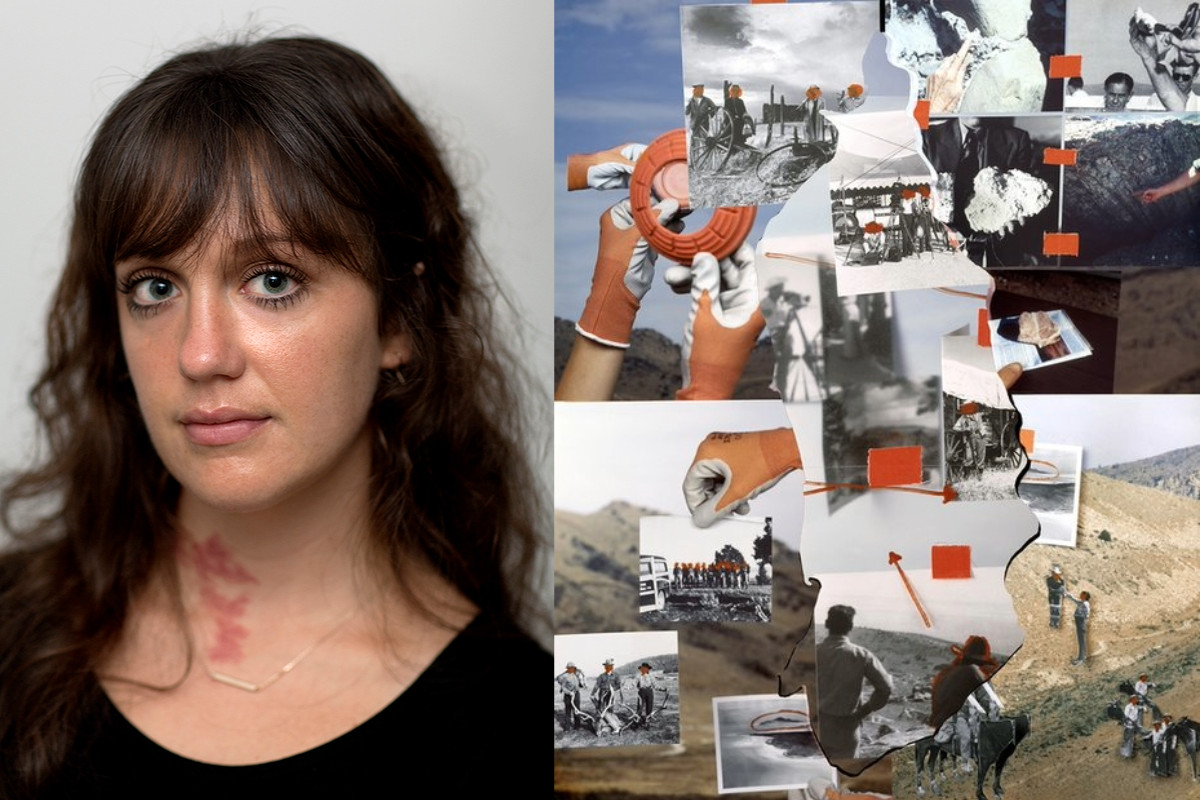 Jaclyn Wright next to an image of her project "High Visibility (Blaze Orange)"