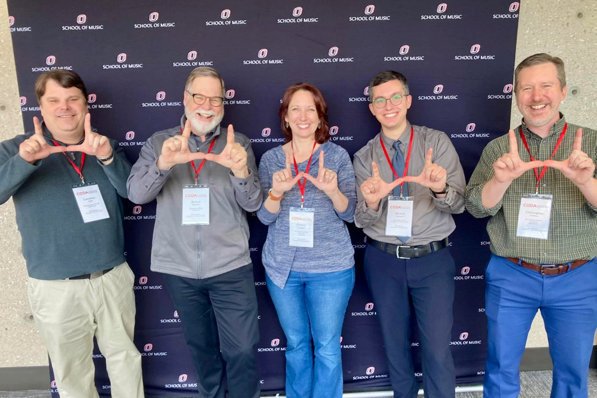 L to R: Larry Spell, DMA  ’15, Director/Professor Robert Baldwin, Heather Dobbins, MM ’08, Mike Trachalios, DMA, Class of ’27, Chris Dobbins, MM ‘09