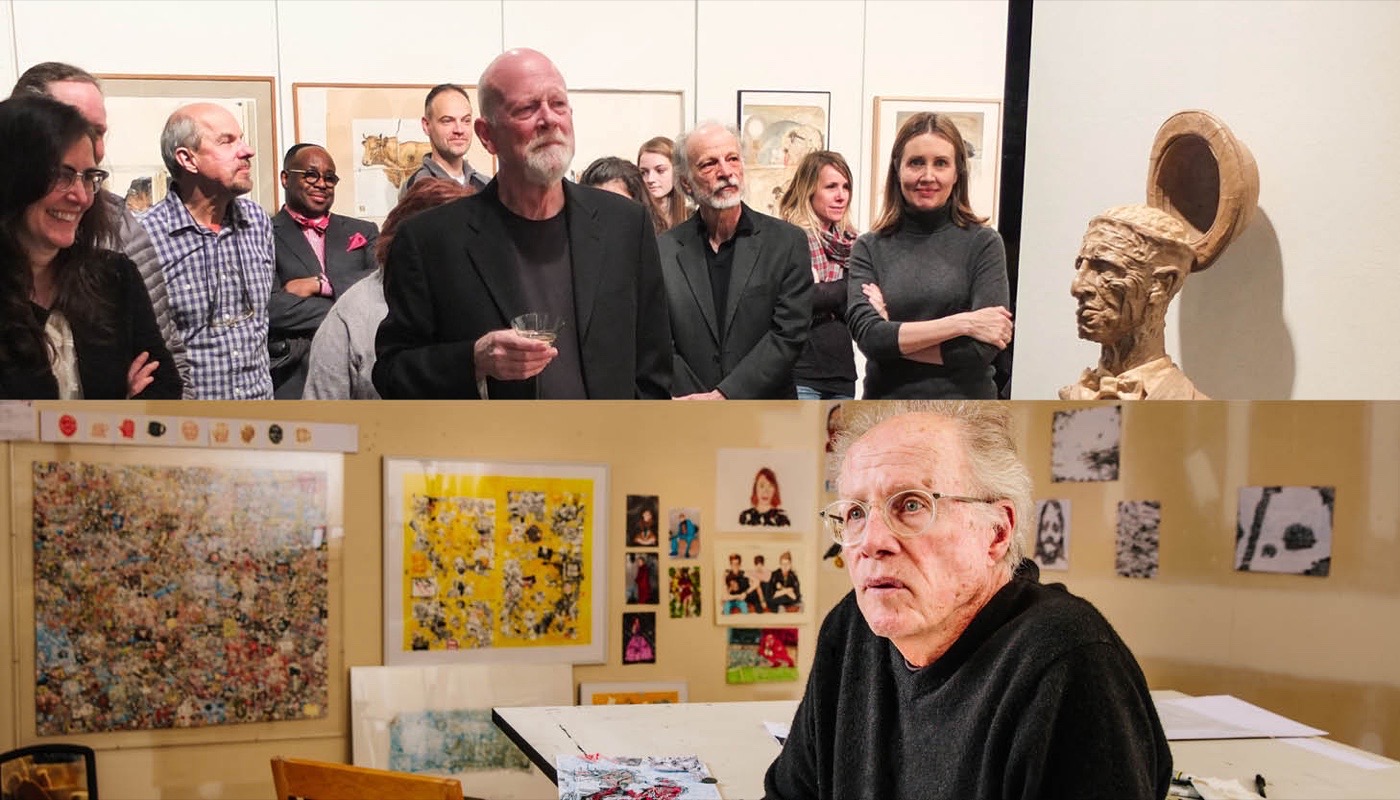 Top: Sam Wilson leads a tour for his retirement exhibition in the University of Utah’s Art and Art History Building, circa 2015, photo by Amelia Walchli.  Bottom: Frank Anthony “Tony” Smith in his Salt Lake City studio, 2018, photo by Simon Blundell.